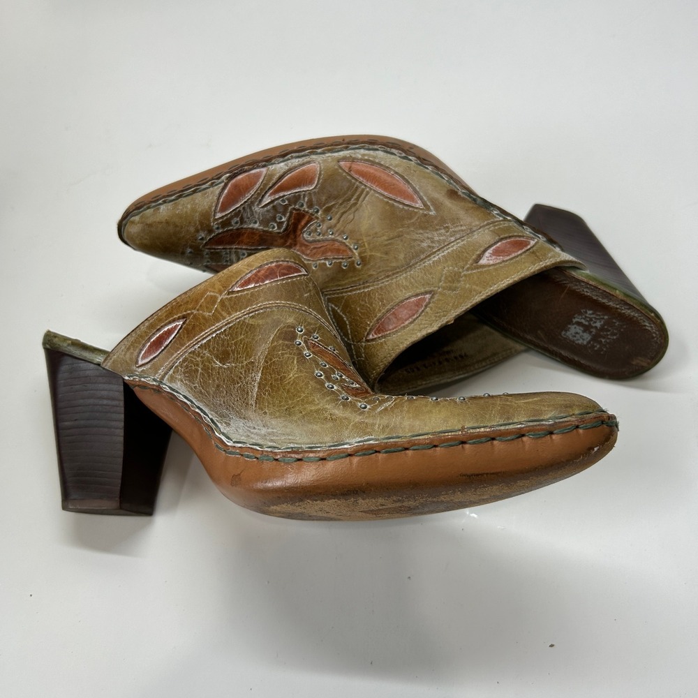 Frye Vintage Western Leather Mules Studded Pointed Toe Clogs Olive Tan 10M F403 - Picture 10 of 11